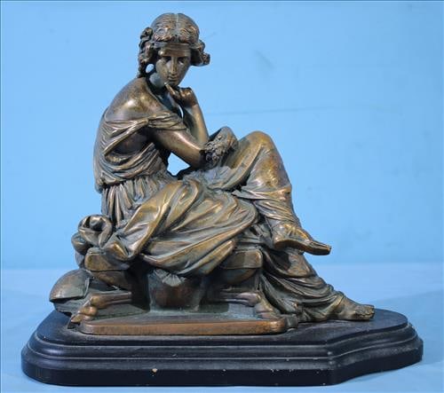 Bronze of lady sitting on stool with wooden base, 12 in. T.: Bronze of lady sitting on stool with wooden base and foundry mark, 12 in. T, 12 in. W, 6 in. D.