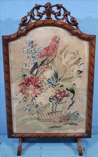 Walnut Victorian needlepoint fire screen with birds (1 of 4)