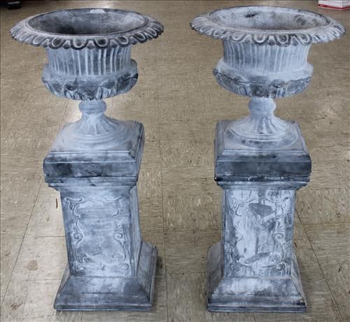 Pair of small 2 piece cast iron urns on stand, 39.5 in. T, 19 in. D. (1 of 4)