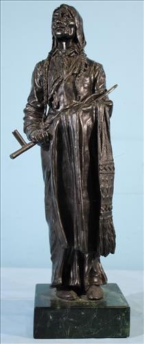 Tall bronze of Indian chief on marble base, 23 in. T, 6 in. Sq. (1 of 4)