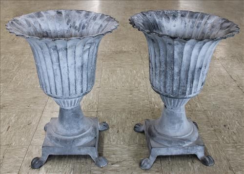 Pair of gray cast iron fluted urns, 23.5 in. T, 17 in. D. (1 of 3)