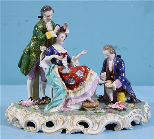 Dresden figurine of 2 gentlemen callers and lady in garden (1 of 4)