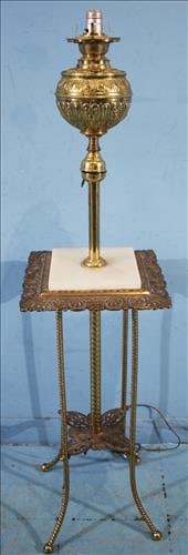 Brass and onyx piano lamp with no shade or chimney, 15 in. T.: Brass and onyx piano lamp with no shade or chimney, 15 in. T, 13 in. Sq.