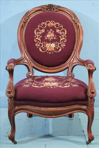Walnut Victorian double arm side chair with needlepoint (1 of 3)