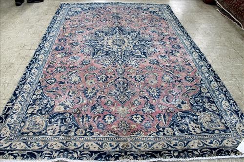 Handmade Mashad Persian rug, 6 ft. 4 in. x 9 ft. 9 in.: Handmade Mashad Persian rug in purple, pink, blue and tan, 6 ft. 4 in. x 9 ft. 9 in.