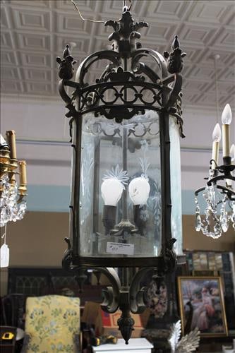 Bronze porch light with etched glass globes, 39 in. T, 14 in. D. (1 of 6)