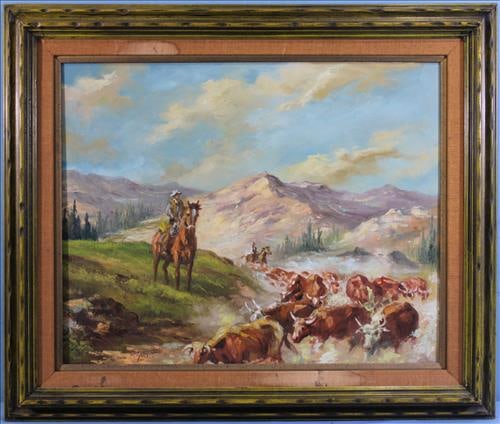 Oil on canvas of cowboy, signed Raphael Lillywhite, 38 x 33 (1 of 5)