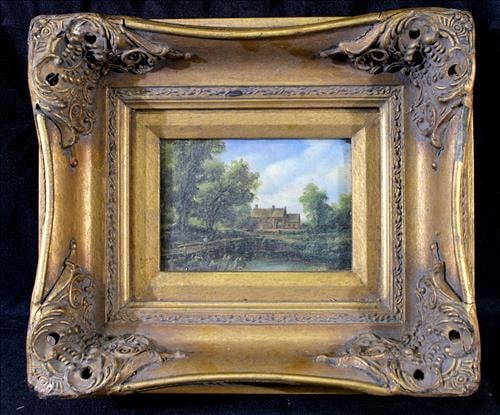 Small antique oil on canvas of English House and stream, 16 x 17: Small antique oil on canvas of English House and stream in ornate gold gilded frame, artist signed, 16 x 17