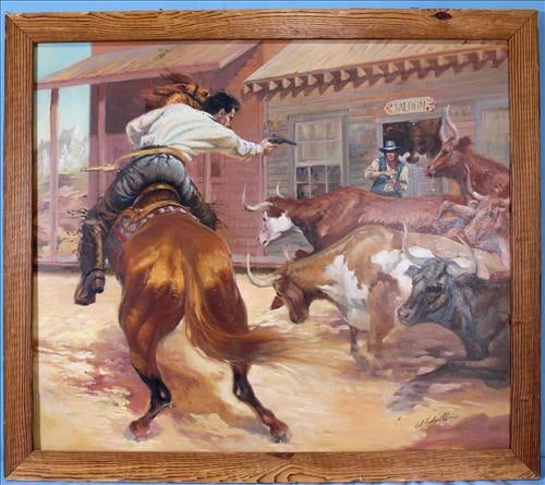 Original oil on canvas painting of shoot out by Tadiello, 29 x 34: Original oil on canvas painting of shoot out in western town by listed American artist Ed Tadiello, born 1950, 29 x 34