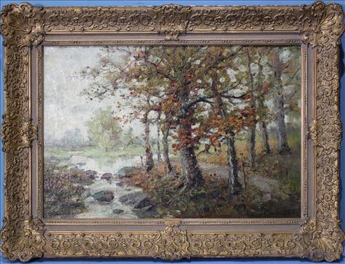 Antique oil on canvas of stream and forest, 24 x 35 (1 of 6)