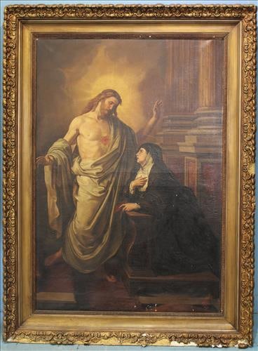 Oil on canvas of Jesus and Mary at crucifixion, artist signed: Oil on canvas of Jesus and Mary at crucifixion in antique gold frame in process of repair, artist signed, ca. 1892, 59 in. T, 43 in. W.
