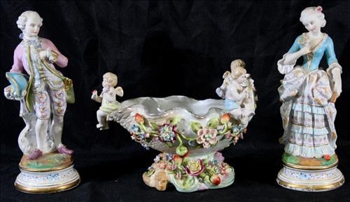 3 Dresden pieces, hand painted center bowl and 2 figurines (1 of 5)