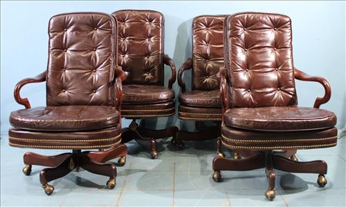 Set of 4 brown leather executive desk chairs with tufted backs (1 of 5)