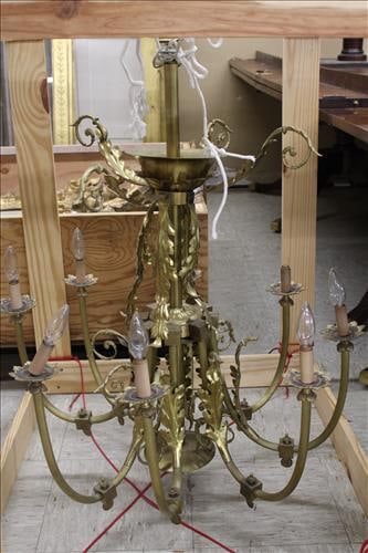 Brass gasolier converted to electric with leaves on arms, 36 x 28: Brass gasolier converted to electric with leaves on each arm, matches lot # 123, needs some restoration, 36 in. T, 28 in. W.
