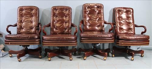 Set of 4 brown leather executive desk chairs with tufted backs (1 of 5)