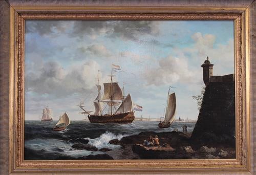 Oil on canvas of French harbor scene with flagship, 45 x 33 (1 of 4)