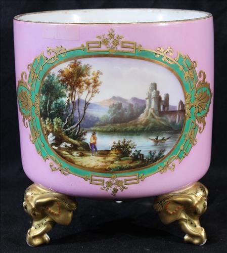 Old Paris round footed center bowl with painted scene, 8 in. R. (1 of 3)