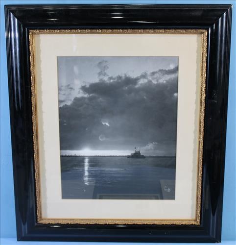 Ferryboat at Sunset by Fonville Winans, ca. 1938 # 7/50, 34 x 28: Ferryboat at Sunset by Fonville Winans, ca. 1938 # 7/50, used in the movie, Blaze - staring Paul Newman about Louisiana governor Earl Long, 34 x 28, has authentication of documents attached to back of