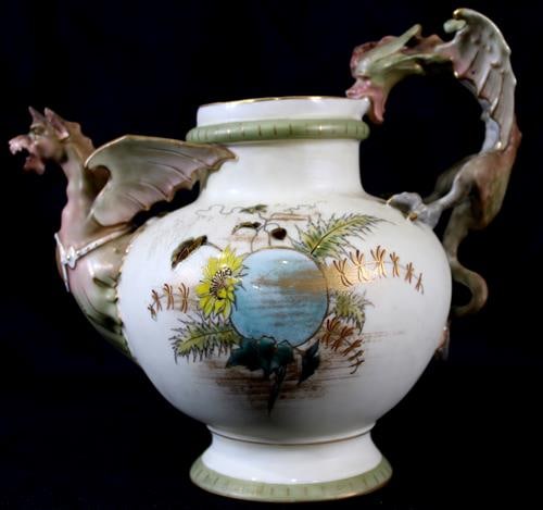 Antique porcelain hand painted pitcher with gargoyles, 8 in. T. (1 of 6)