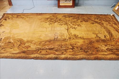 French hanging wall tapestry of a fox hunt, 13 ft. x 6 ft. 8 in. (1 of 6)