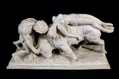 A. Santini sculpture made in Italy of man with woman and bull: A. Santini sculpture made in Italy of man with woman tied to a bull, 10 in. T, 18 in. W, 6 in. D.