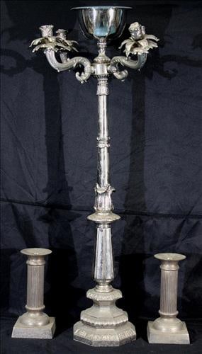 Table deal of silver-plate candlesticks, 2 small, 1 tall - 38 in T. (1 of 3)