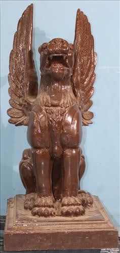 Pair of heavy stone Gargoyles painted brown, 45 in. T, 20 in. Sq. (1 of 4)