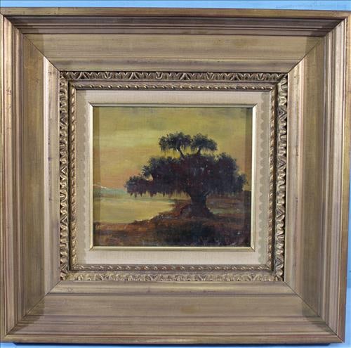 Antique oil on board of tree at lakeside by Morell, 16 x 65: Antique oil on board of tree at lakeside, signed by Artist Morell, 16 x 6.5