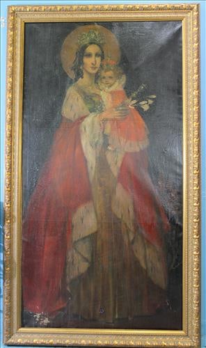 Large oil on canvas of Queen Luisa and daughter, 83 x 46: Large oil on canvas of Queen Luisa and daughter of Spain, canvas has some paint loss and small hole on bottom left. In beautiful gold frame, 83 in. T, 46 in. W.