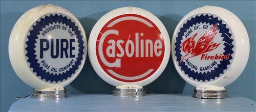 3 piece set of replacement round gas pump medallions: 3 piece set of replacement round gas pump medallions, 18 in. T, 16 in. Dia.: Pure - Products of Pure oil Co., Pure Oil - Firebird Racing Gasoline and Gasoline Medallion
