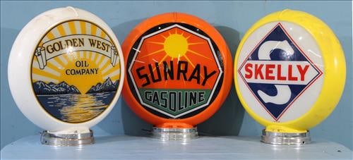 3 piece set of replacement round gas pump medallions: 3 piece set of replacement round gas pump medallions, 18 in. T, 16 in. Dia.: Golden West Oil Company, Sunray Gasoline and Skelly Gasoline