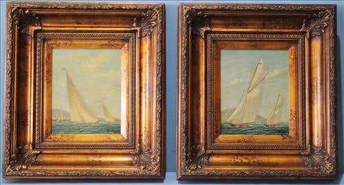Pair contemporary oil on canvas of sailboats, 21 x 17: Pair contemporary oil on canvas of sailboats on the open ocean in gold frames, 21 x 17
