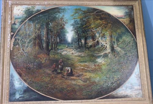 Antique oil on canvas of peasants with sheep, unsigned, 40 x 49: Antique oil on canvas of peasants in forest with sheep and stream, has paint loss on top left - see photos, unsigned, 40 x 49