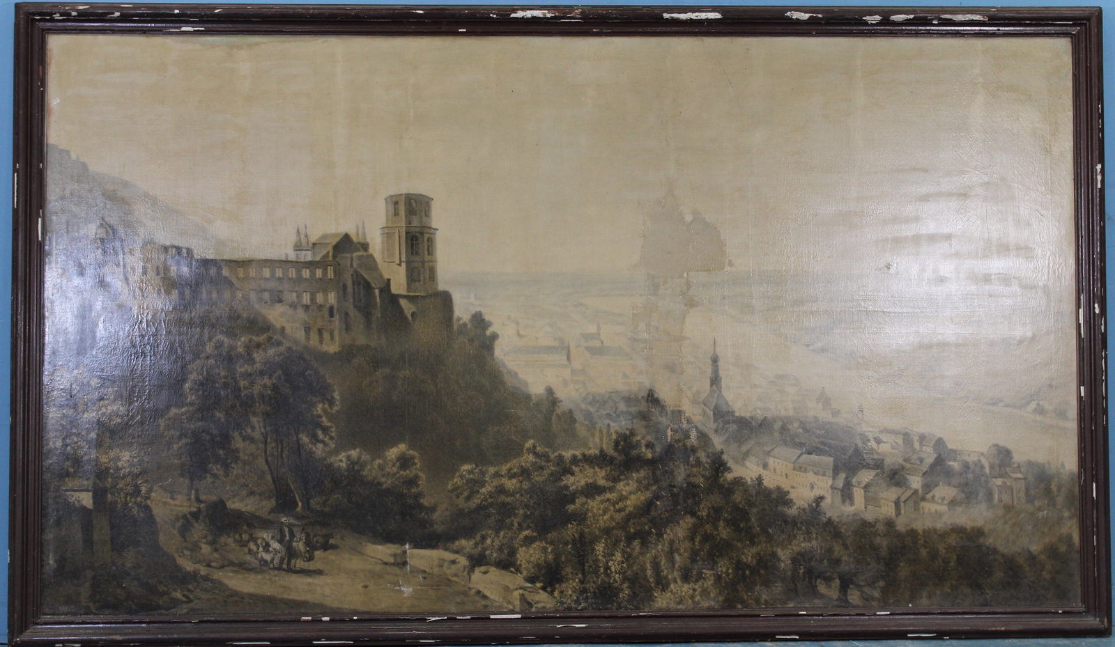 Extremely lg. oil on canvas of European City scene, 60.5 x 103.5: Extremely lg. oil on canvas of European City scene, has small water damage and frame needs restoration, 60.5 x 103.5