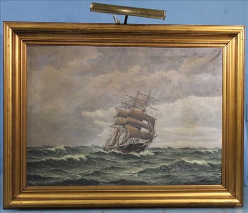 Oil on canvas of a ship sailing in white lapping seas, 38 x 48 (1 of 3)