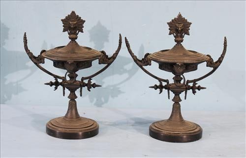 Pair of small bronze black capped mantle urns, 10 x 12 (1 of 4)