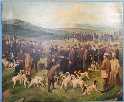 Large unframed oil on canvas of a Fox Hunt, 48 x 58 (1 of 3)