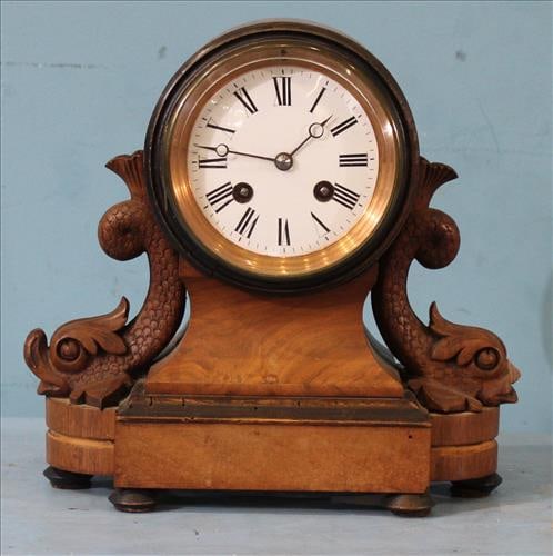 Unique wooden mantle clock with round dial front and dolphins (1 of 4)