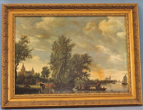 Contemporary oil on canvas of a European river scene, 33 x 24: Contemporary oil on canvas of a European scene at riverside with castles in distance and people in boats and on riverbank, 33 x 24