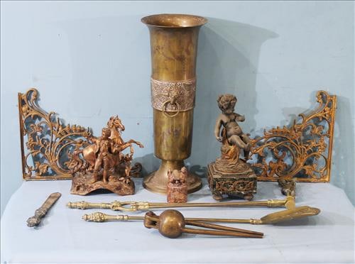 11 piece deal of brass, copper and bronze items sell as 1 lot: 11 piece deal of brass, copper and bronze items, entire pictured group sells as one lot: umbrella stand, fireplace tools, pair brass wall brackets 2 figurines w damage, letter openers, small marble ba