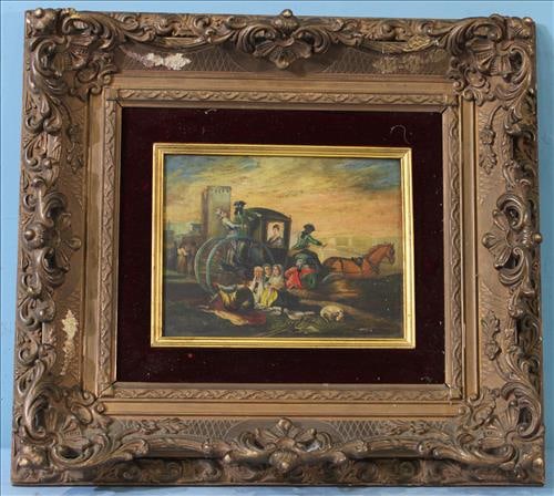 Very old small oil on board of a carriage with French Royalty: Very old small oil on board of a carriage with French Royalty and Peasants on the street as they go by, 19 x 17