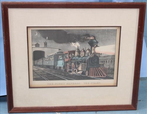 3 piece deal of miscellaneous items: 3 piece deal, Vintage railroad items, Currier & Ives reprint "The Night Express" and a book titled, "The American Railroad Passenger Car" by John White Jr.