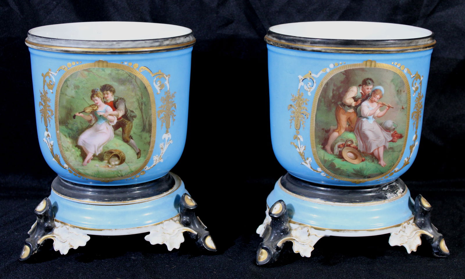 Pair of blue 2 pc. Old Paris footed urns w courting scenes, 11 in. T (1 of 5)