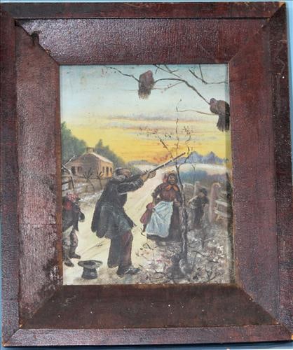 Small antique framed oil on board of a family shooting, 13 x 10: Small antique framed oil on board of an African American family shooting birds, 13 x 10