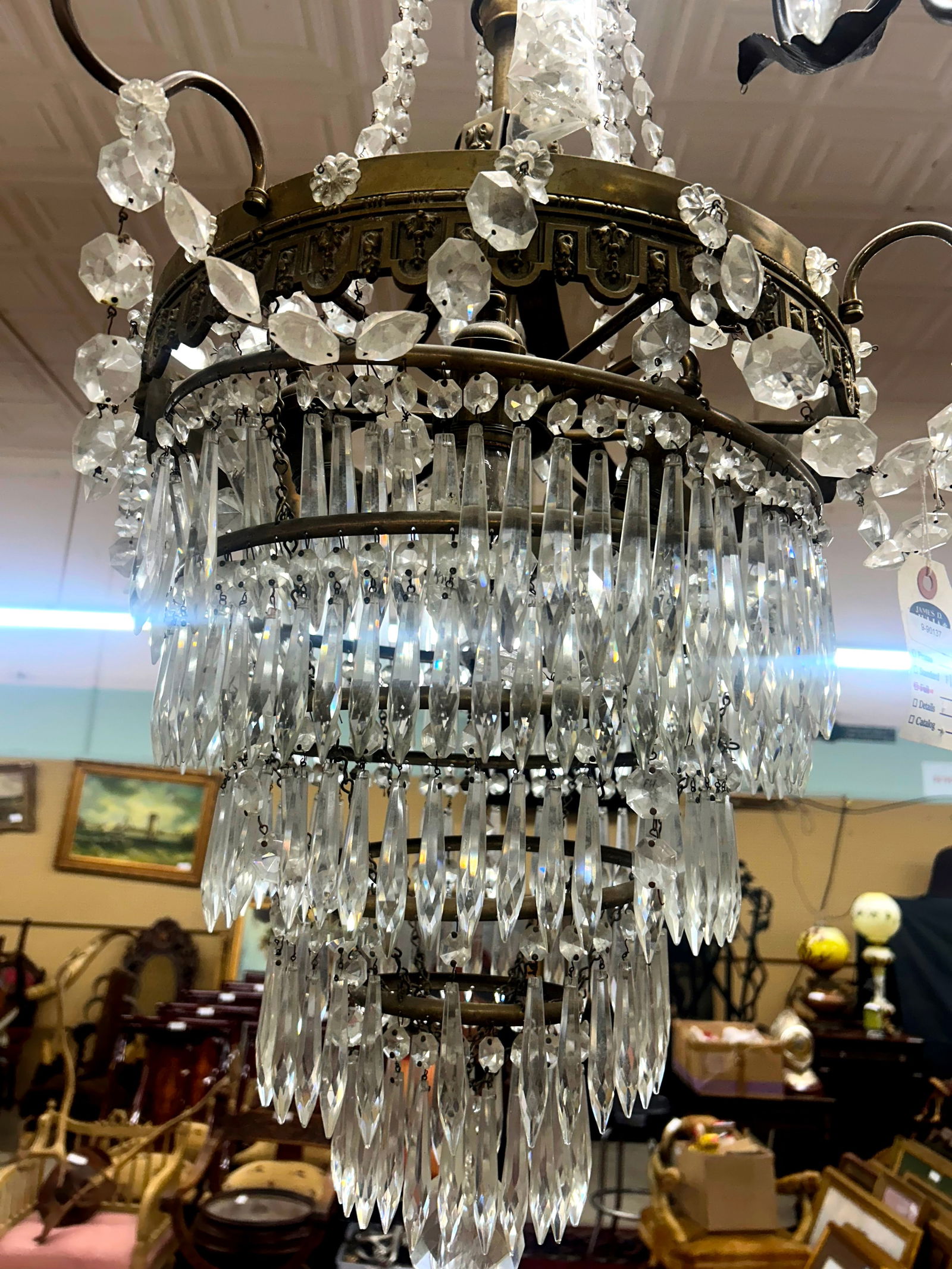 Antique crystal wedding cake style chandelier, 51 in T, 18 in. Dia. (1 of 3)