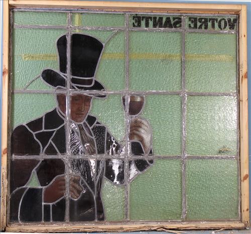Old etched and stained glass window from a French Pub, 62 x 67 (1 of 3)