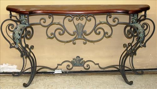 Contemporary metal console table with wood top, 39 in. T, 72 W. (1 of 3)