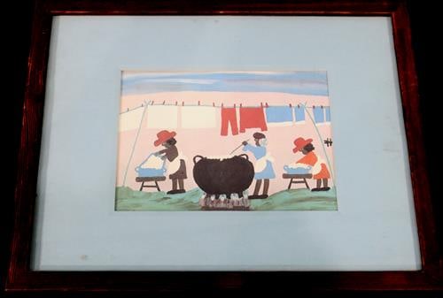 Original African American folk art of washing clothes, 12 x 15 (1 of 2)