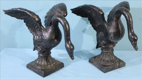 Pair of black cast iron fence post toppers with swans (1 of 2)