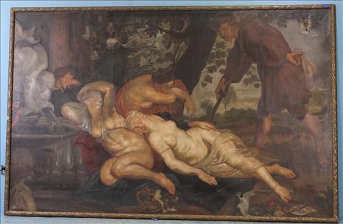 Extremely large antique oil on canvas of garden, 9 ft. 5 in. x 73 (1 of 8)